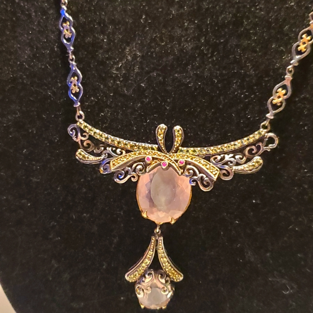 Black rhodium over sterling silver/18k rose quartz and gemstone necklace 20"